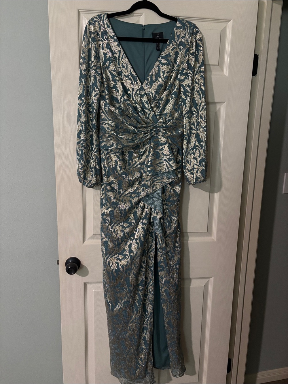 Adrianna Papell Teal and Gold Jacquard Long Sleeve Wrap Gown